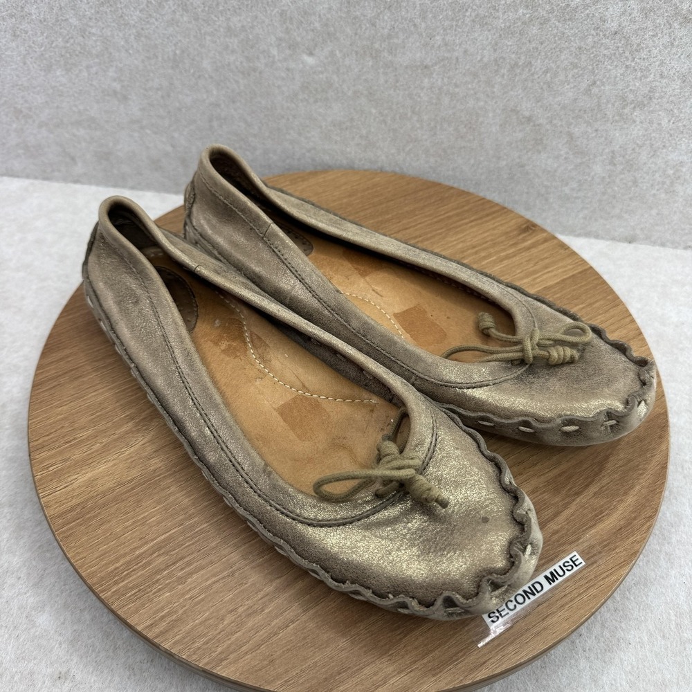 Fossil‎ Shoes Womens 7 Gold Leather Moccasin Flats Bow Slip On Casual Comfort
